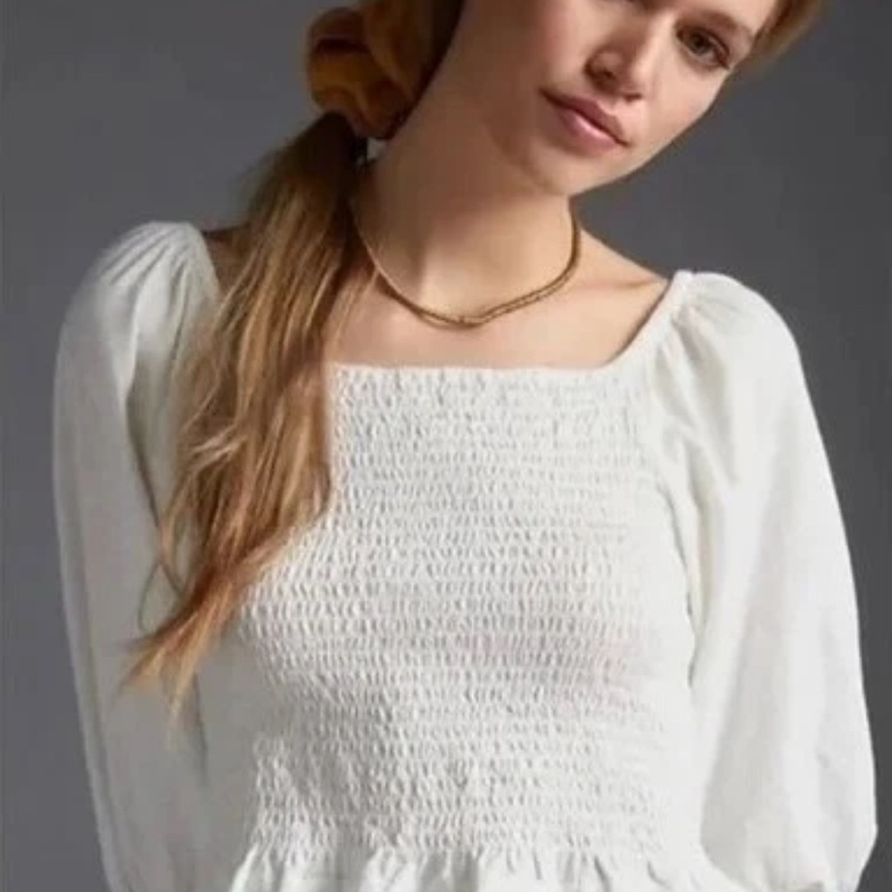 PILCRO Anthropologie Ginny Smocked Crop Top White Peasant Sleeves, Size Small